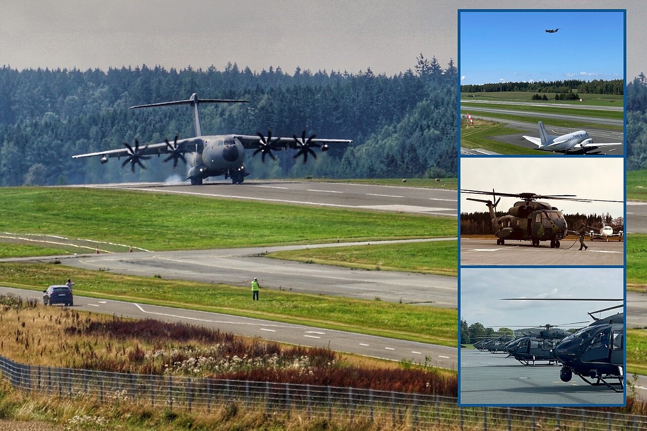 Das Bild zeigt eine Bildkomposition des Flughafen Hof-Plauen mit einer großen Frachtmaschine der Bundeswehr